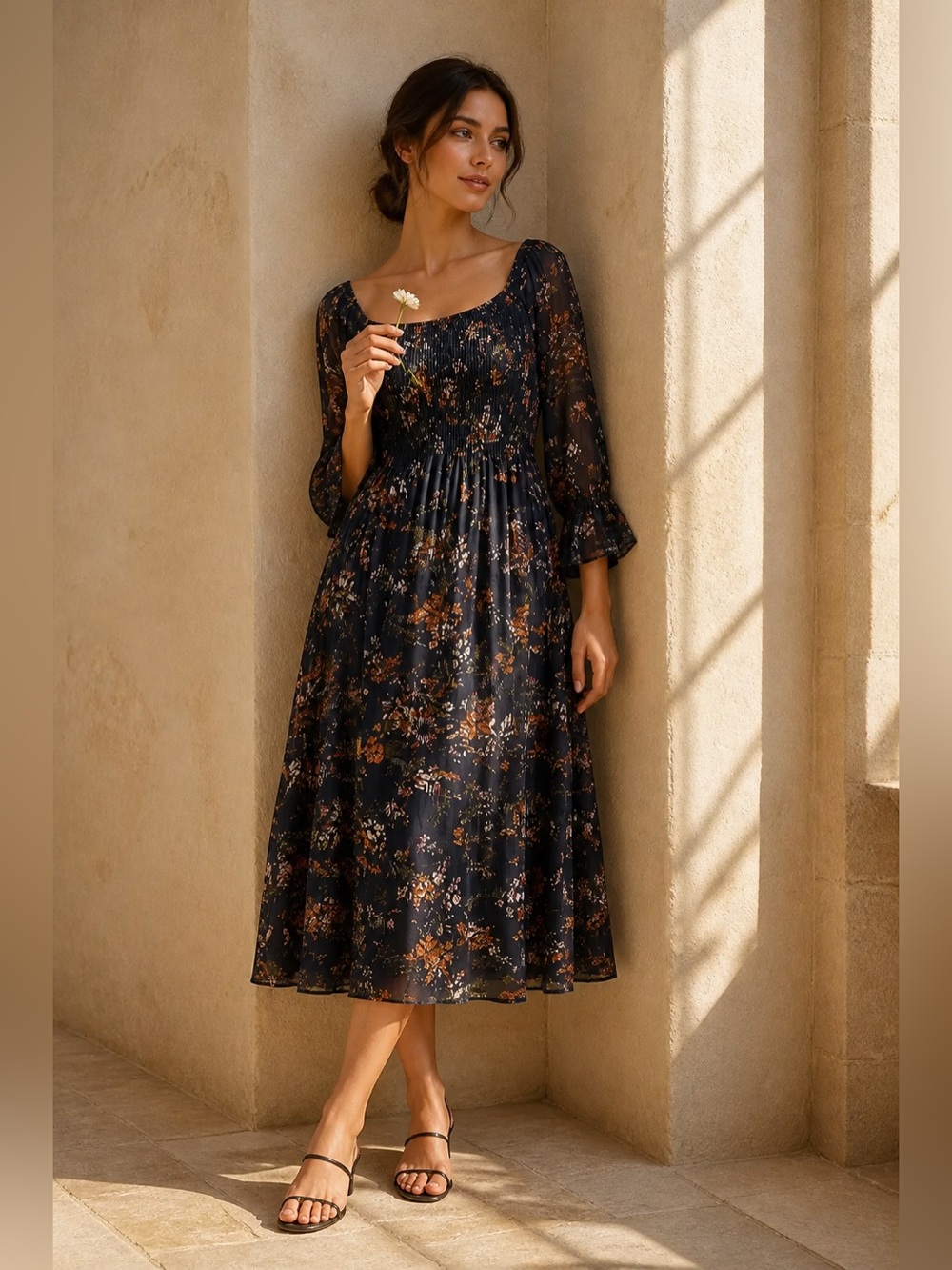 Vici - Autumn Ready Navy Ruched Top Floral Flowy Comfy Maxi Dress Long Sleeves